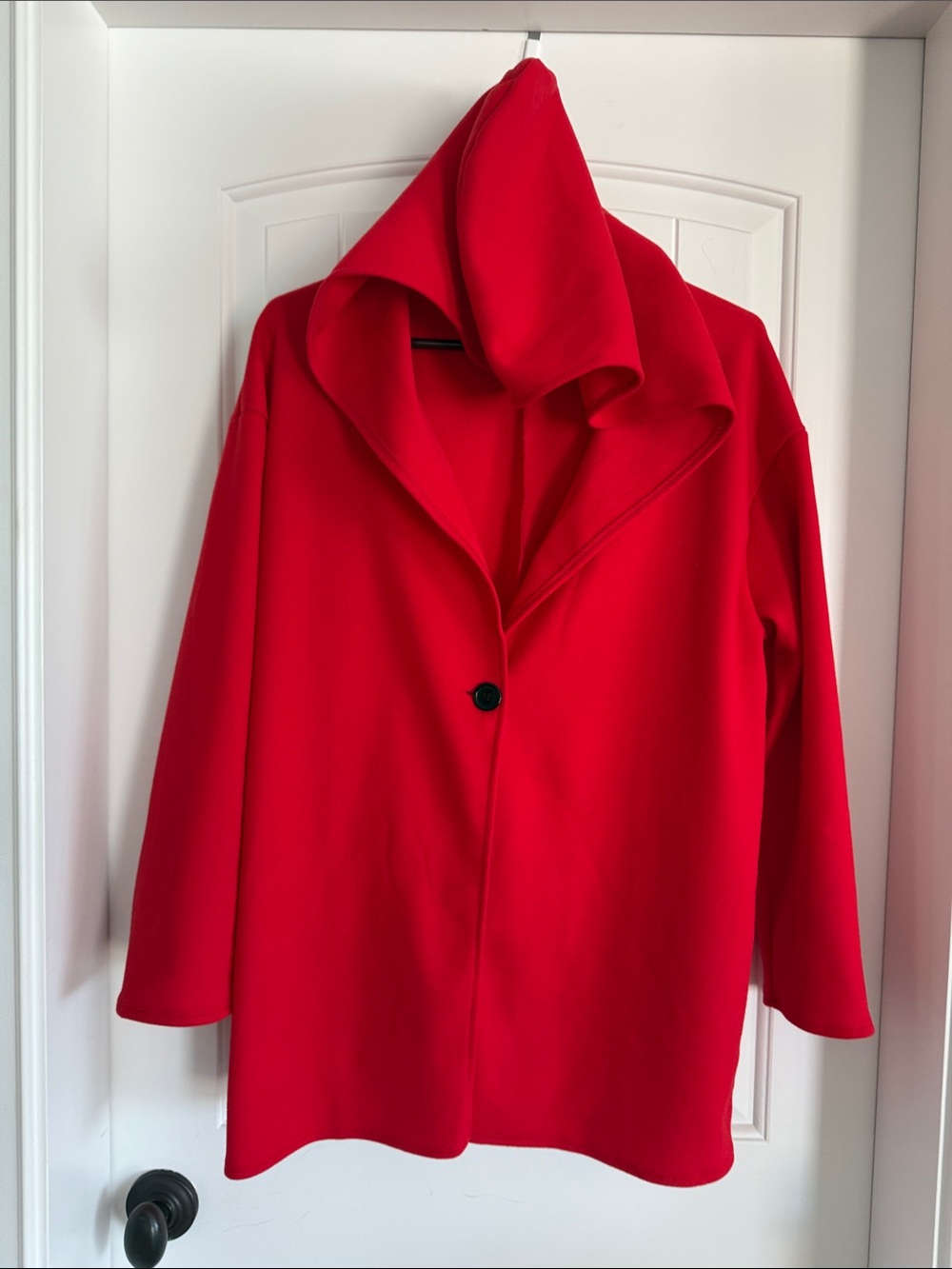 Bold Red Hooded Pea Coat — Single-Button Styling
